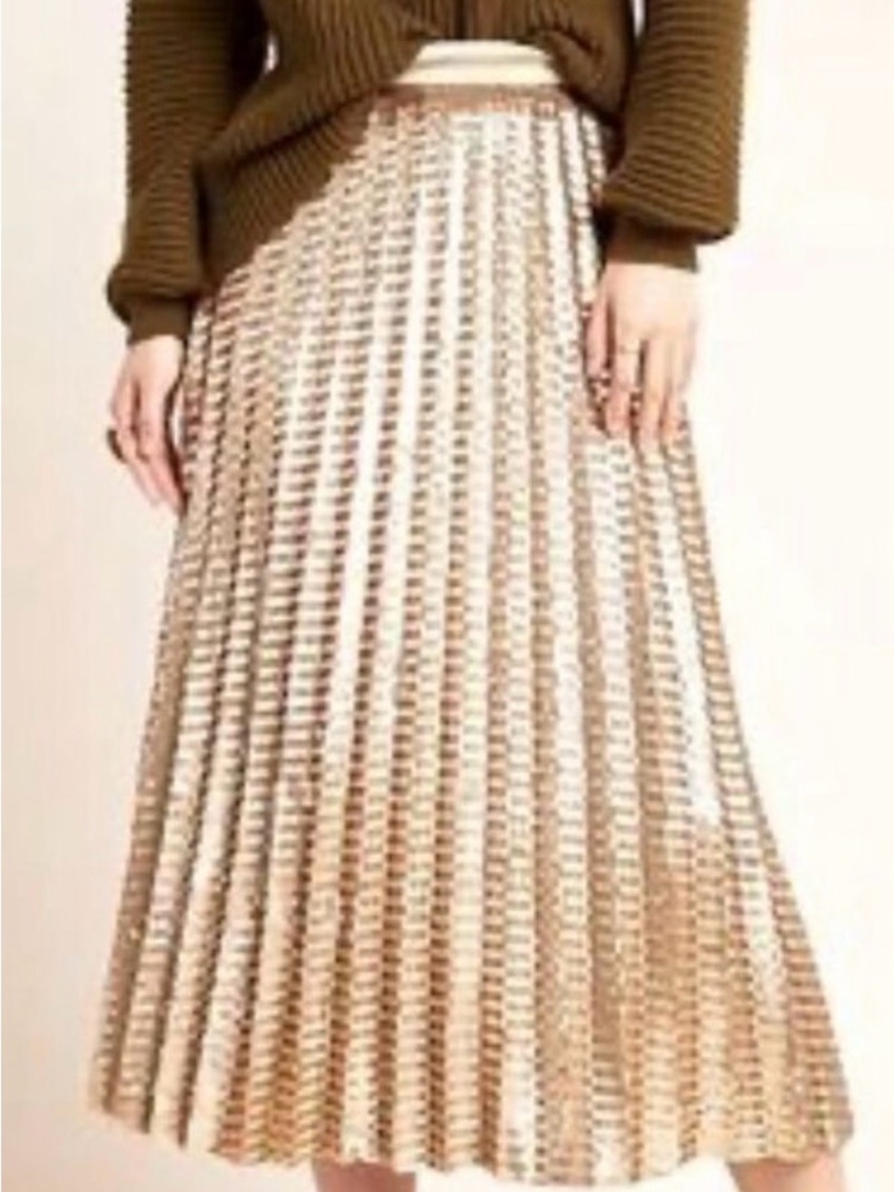 Anthropologie Pleated Metallic Midi Skirt in Gold and Cream